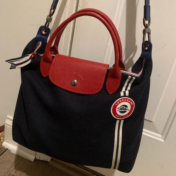 $475~LONGCHAMP~’Le Pliage Cocade’ Navy Blue Wool 2-Way Tote Bag~Rare/Limited Ed! - Picture 3 of 16